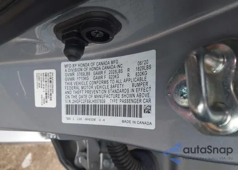 2020 Honda Civic Sport z USA, uszkodzony, nr VIN 2HGFC2F89LH557839